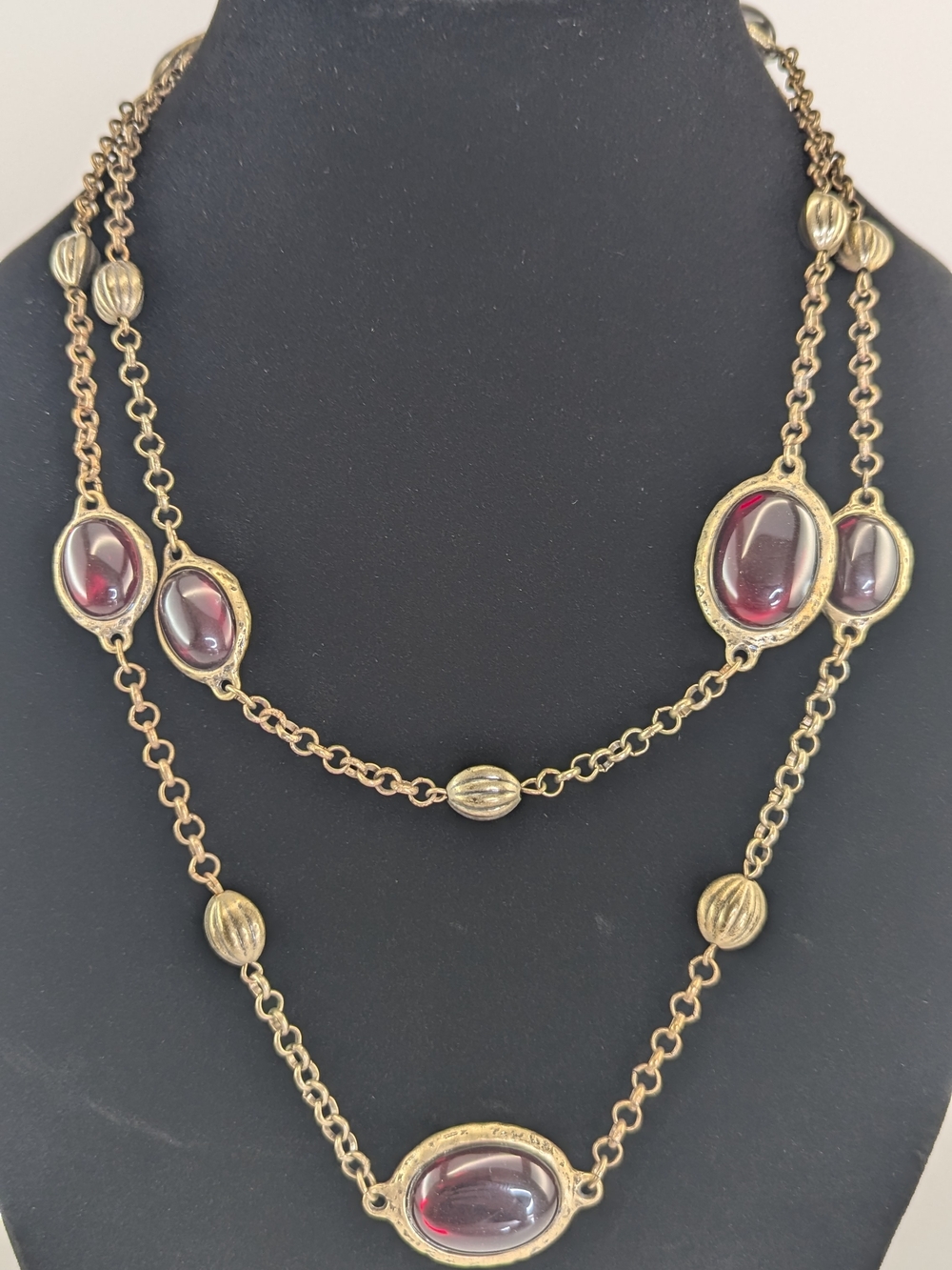 Gold-Tone Necklace with Deep Garnet Glass Cabochons
